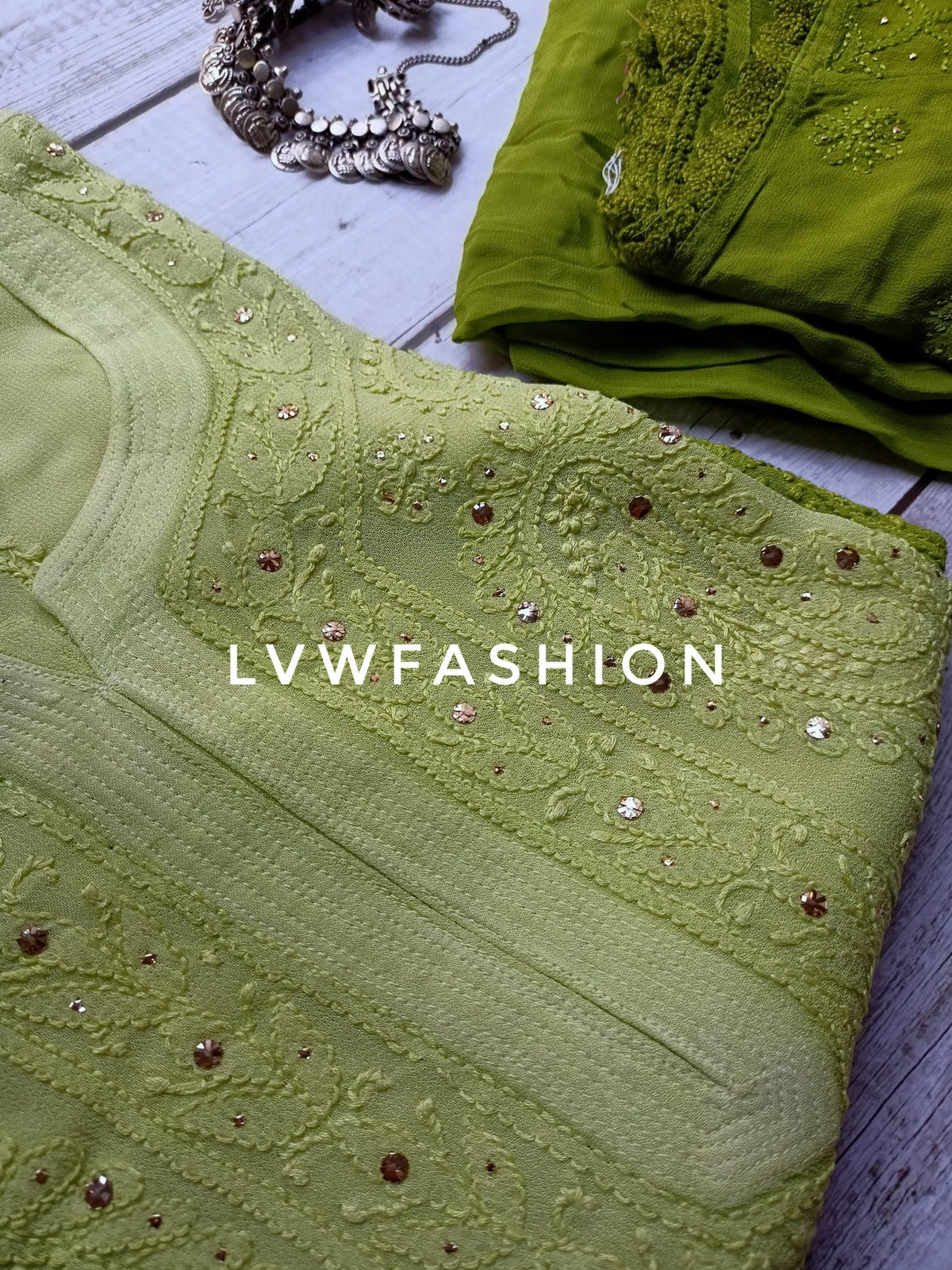 Green Haldi & Mehndi Special Premium Georgette 3-piece set by LVW Fashion with intricate Chikankari embroidery.