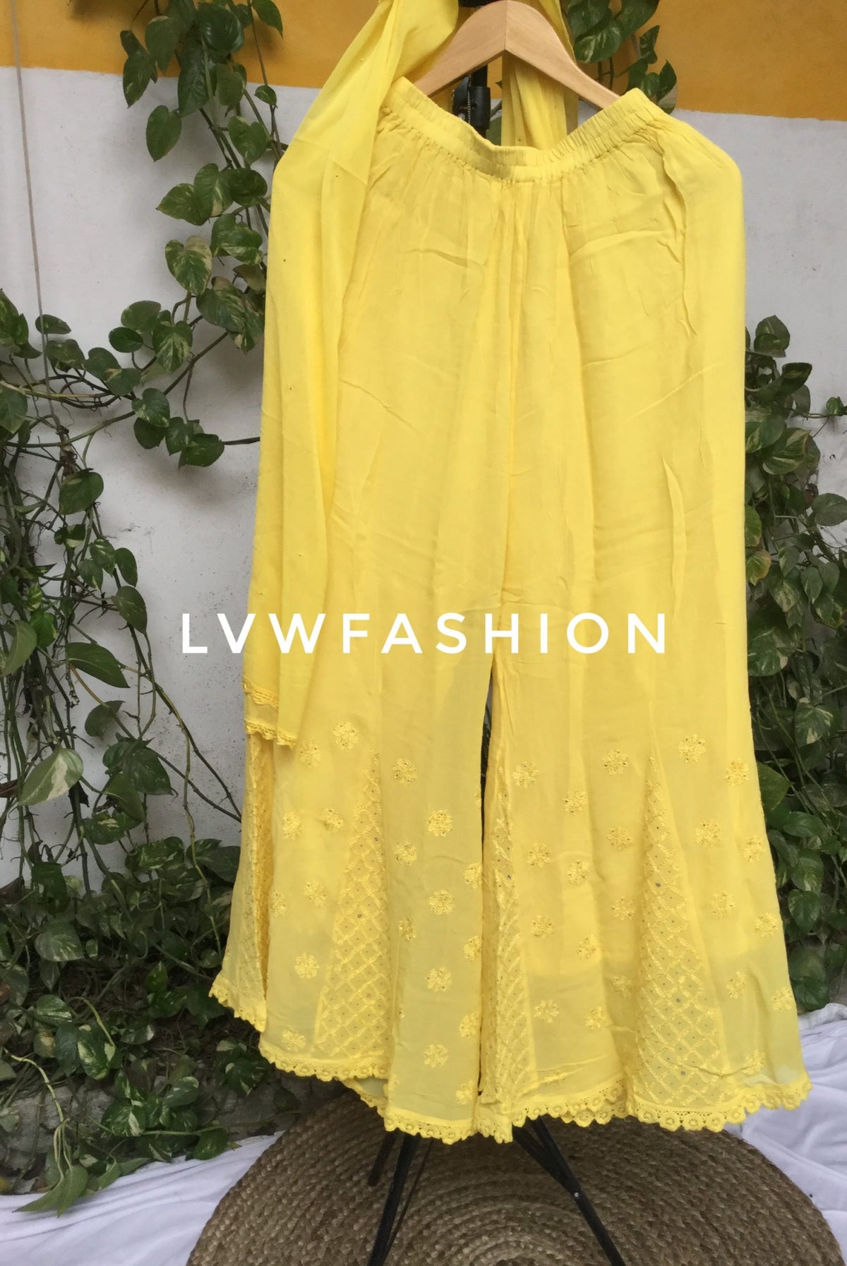 Green Haldi & Mehndi Special Premium Georgette 3-piece set by LVW Fashion with intricate Chikankari embroidery.