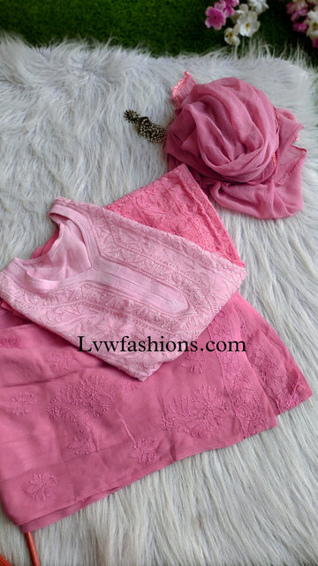 Gulabi premium georgette 3-piece set with intricate resham embroidery by LVW Fashion Luxurious Chikankari.