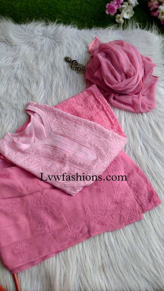 Gulabi premium georgette 3-piece set with intricate resham embroidery by LVW Fashion Luxurious Chikankari.