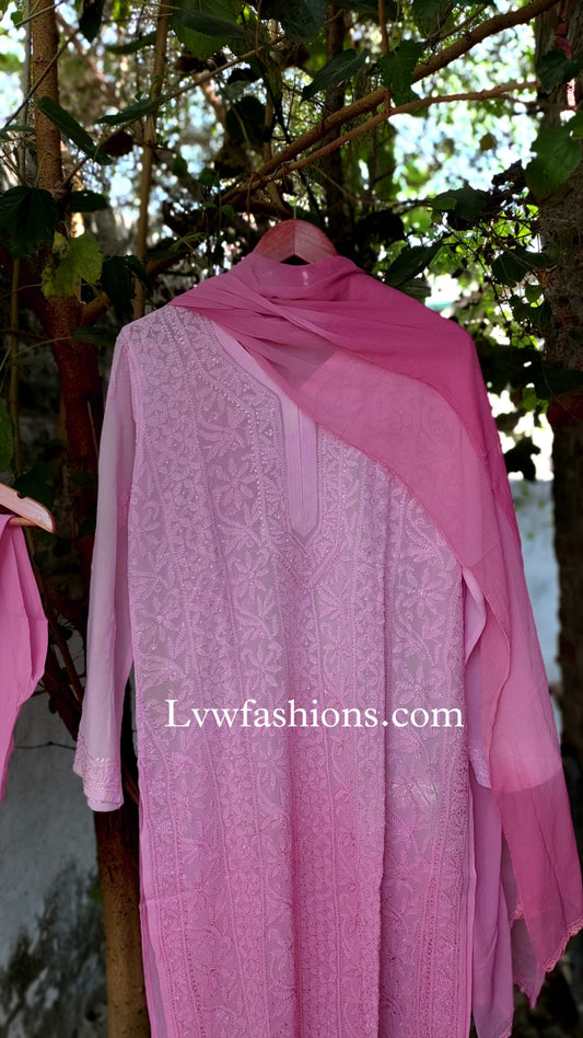 Gulabi premium georgette 3-piece set with Resham embroidery by LVW Fashion Luxurious Chikankari, featuring intricate embroidery and elegant design.