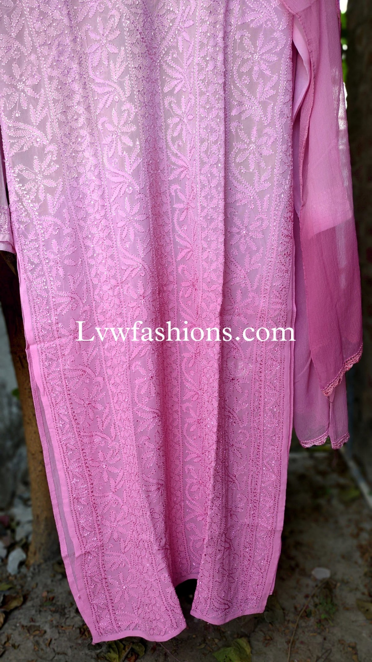 Gulabi premium georgette 3-piece set with resham embroidery, showcasing intricate chikankari craftsmanship by LVW Fashion.