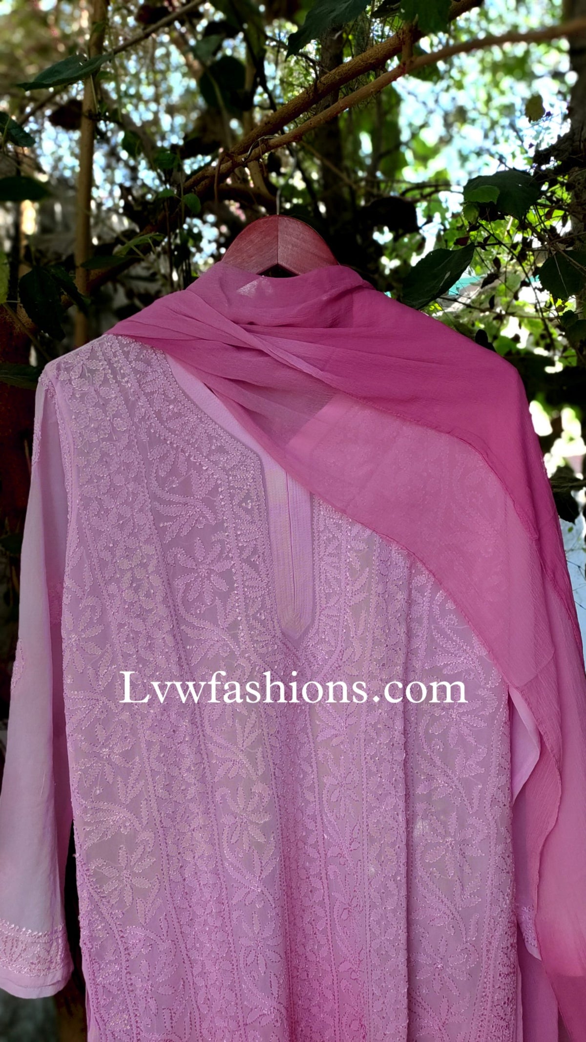 Gulabi premium georgette 3-piece set with long resham embroidery, luxurious Chikankari by LVW Fashion, elegant traditional attire