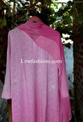 Gulabi premium georgette 3-piece set with Resham embroidery by LVW Fashion, featuring a long kurta, dupatta, and churidar.
