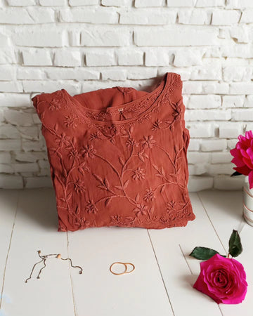 LVW Fashion Hershey Kiss Chikankari short top with frill details and stylish wrist, showcasing intricate embroidery and elegant design.
