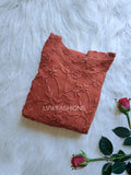 LVW Fashion Hershey Kiss Chikankari short top with frill details and stylish wrist design, showcasing intricate embroidery and elegant style.