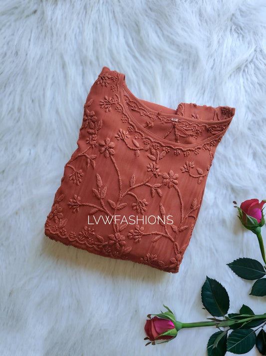 LVW Fashion Hershey Kiss Chikankari short top with frill details and stylish wrist design, showcasing intricate embroidery and elegant style.
