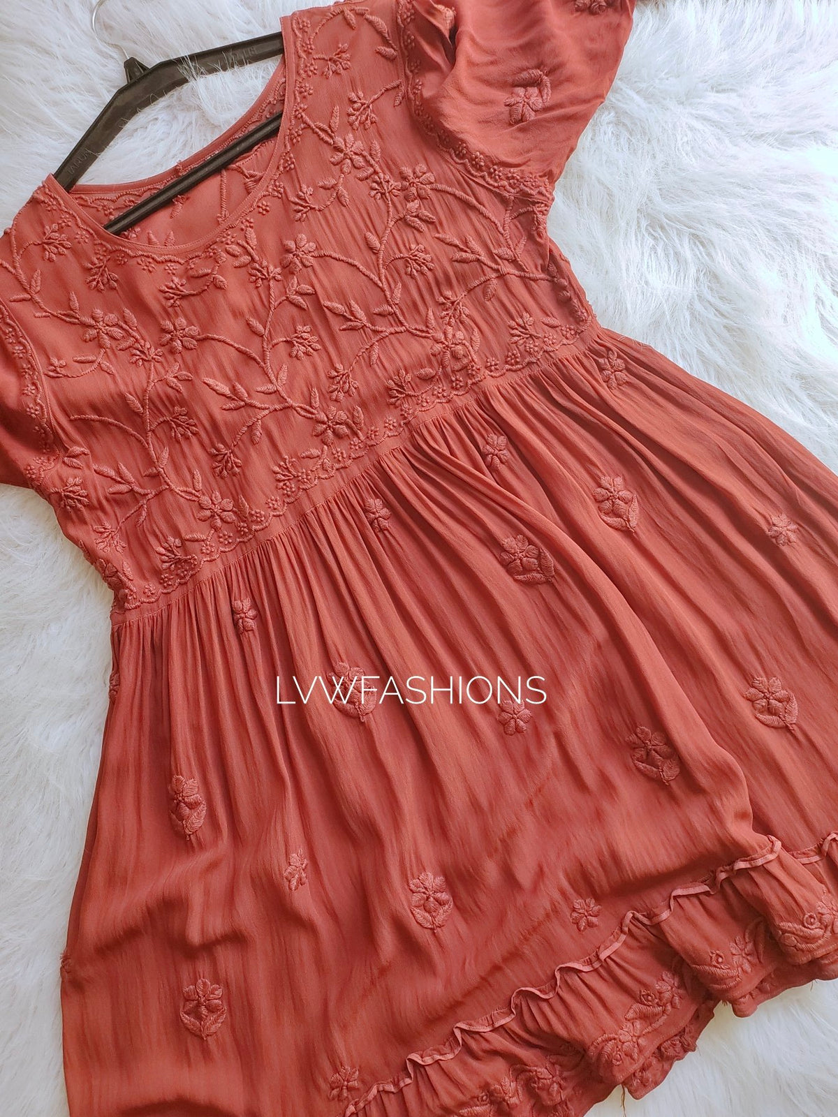 LVW Fashion Hershey Kiss Chikankari short top with frill details and stylish wrist design, crafted in luxurious embroidery.