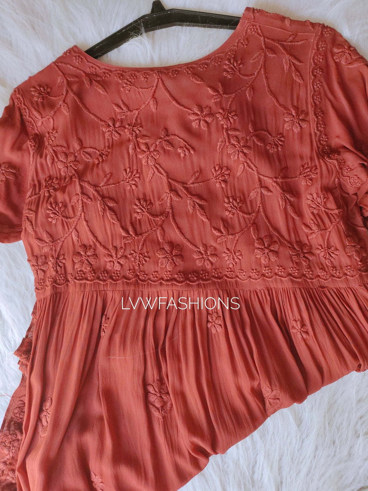 LVW Fashion luxurious Chikankari Hershey Kiss short top with frill details and stylish wrist design.