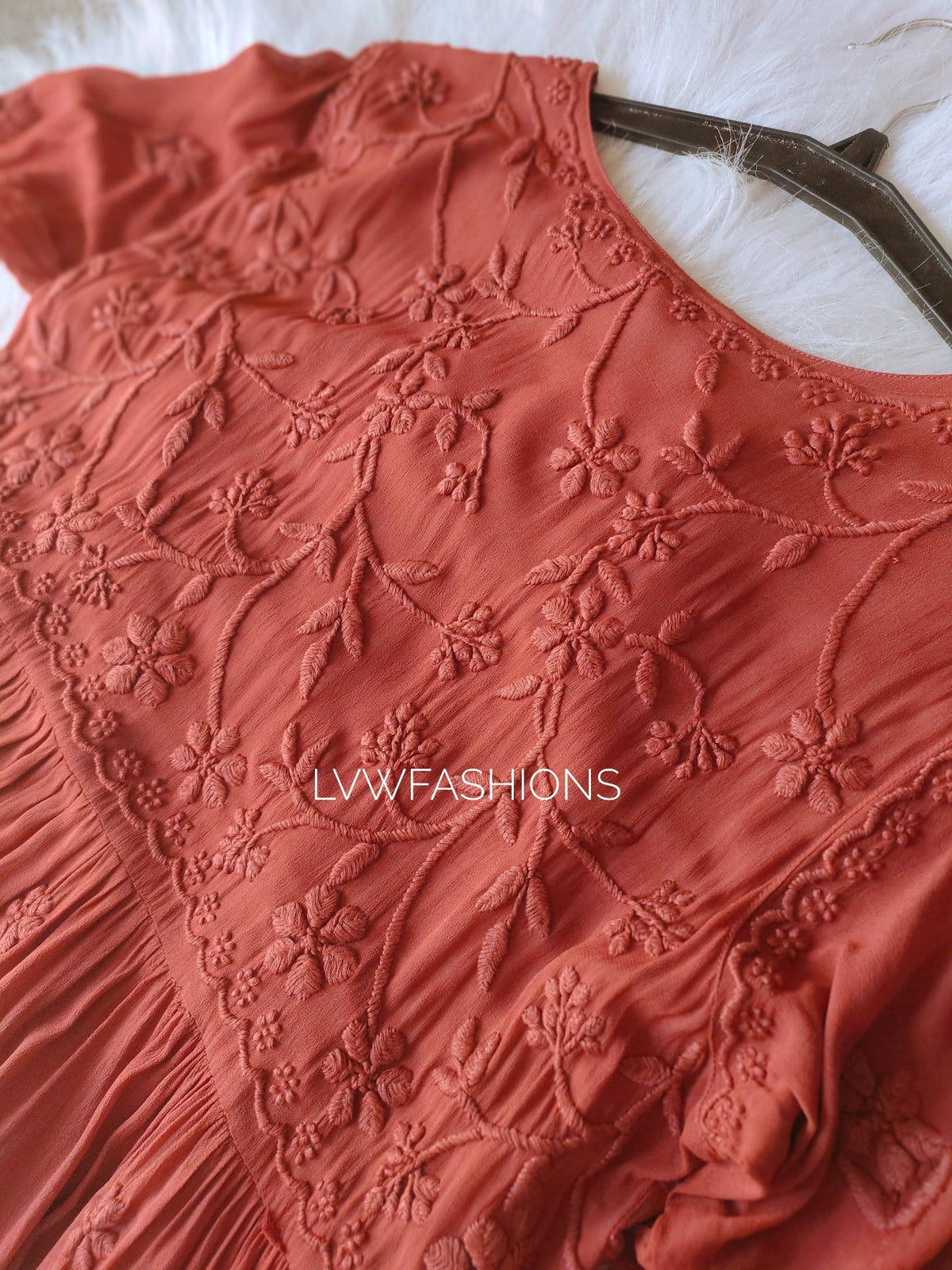 LVW Fashion Hershey Kiss Chikankari short top with frill details and stylish wrist design, featuring intricate embroidery.
