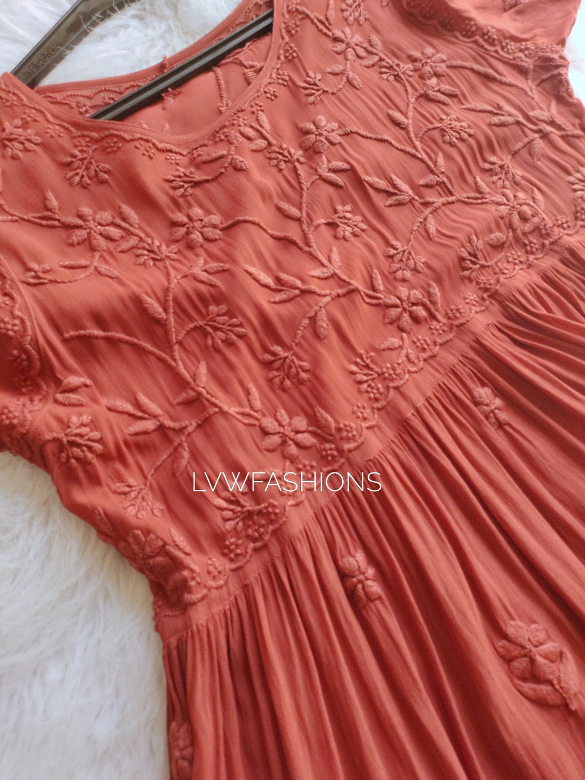 LVW Fashion Hershey Kiss Chikankari short top with frill details and stylish wrist, showcasing intricate embroidery and a trendy design.