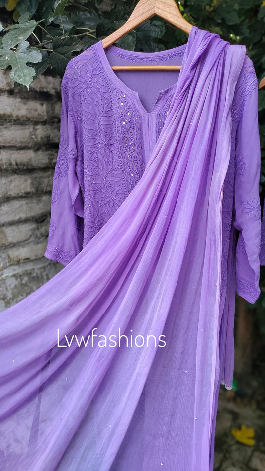 Lavender floral Georgette Sharara set by LVW Fashion Luxurious Chikankari, featuring intricate embroidery and elegant design.
