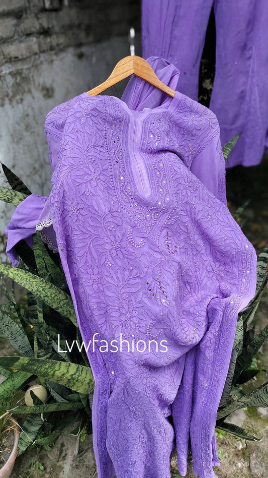 Lavender floral Georgette Sharara set by LVW Fashion Luxurious Chikankari, featuring intricate embroidery and elegant design.