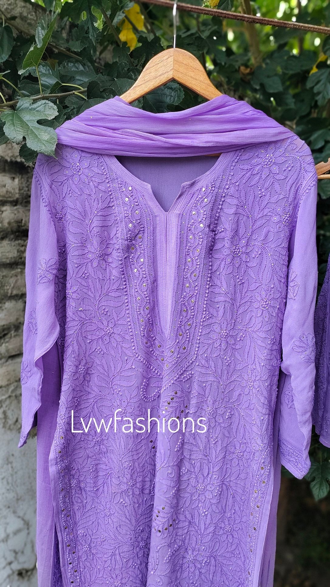 Lavender floral Georgette Sharara set from LVW Fashion Luxurious Chikankari, featuring intricate embroidery and a luxurious look.