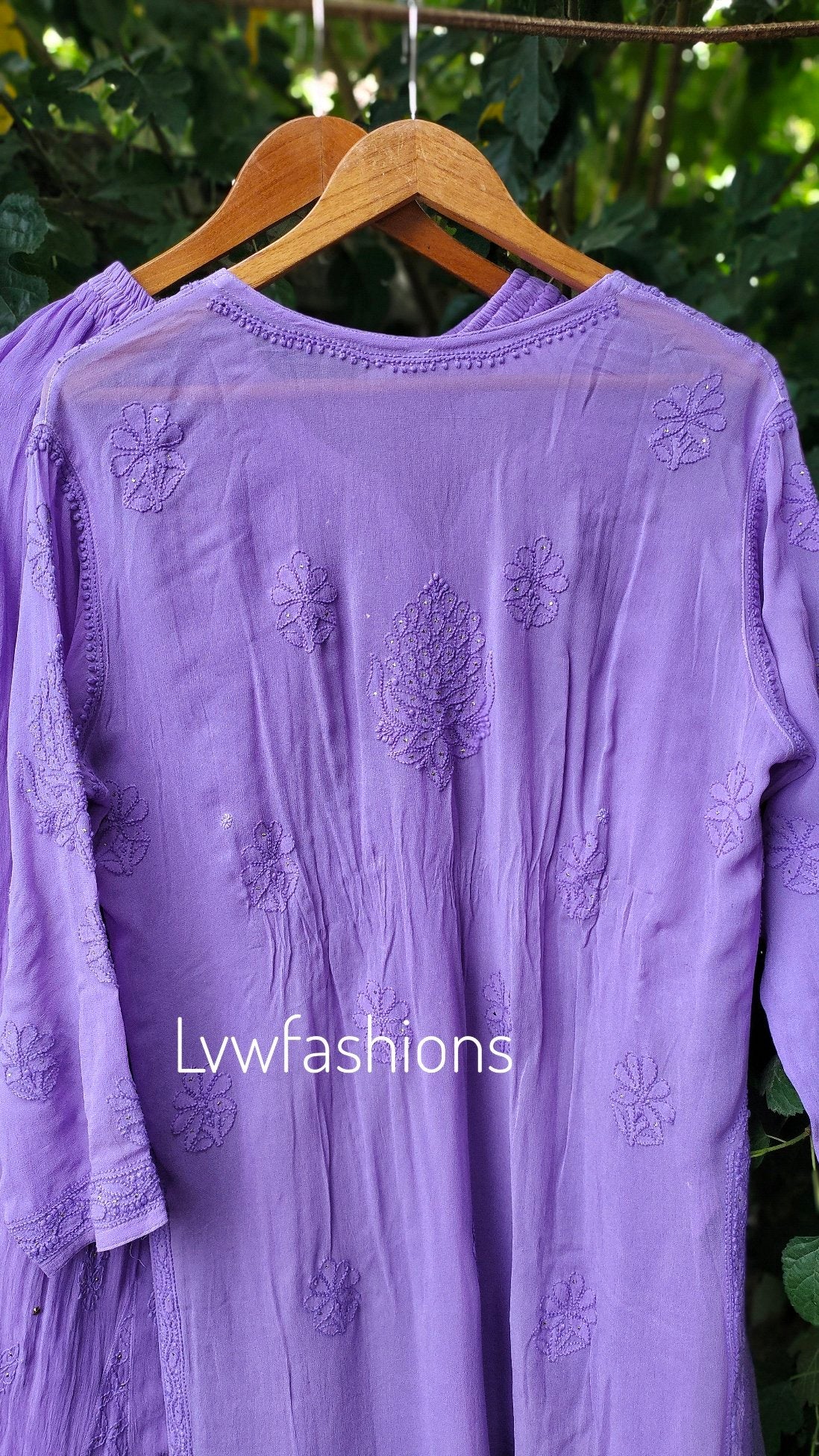 Lavender floral Georgette Sharara set by LVW Fashion Luxurious Chikankari, featuring intricate embroidery and elegant design.