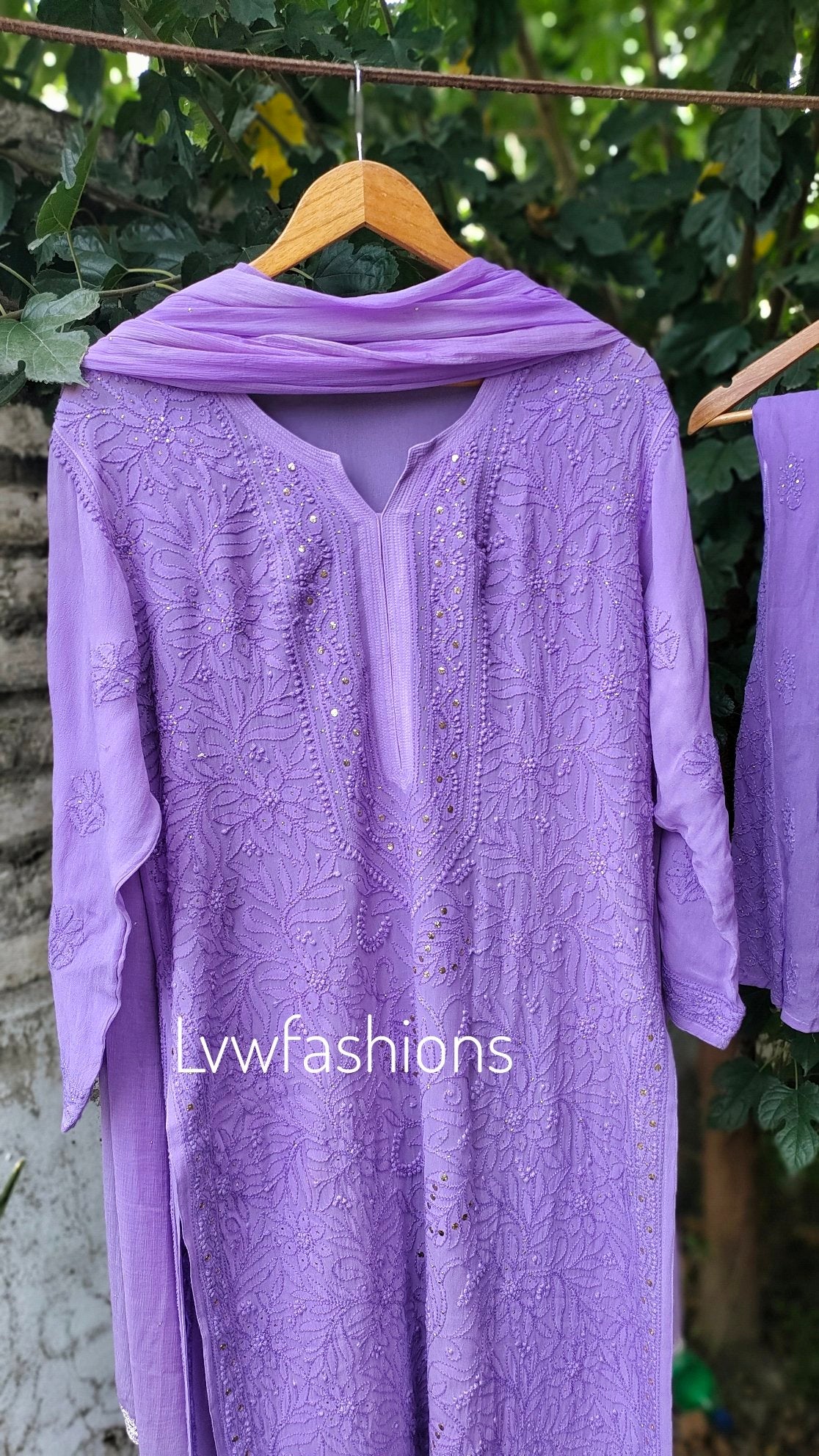 Lavender floral Georgette Sharara set by LVW Fashion Luxurious Chikankari featuring intricate embroidery and elegant design.