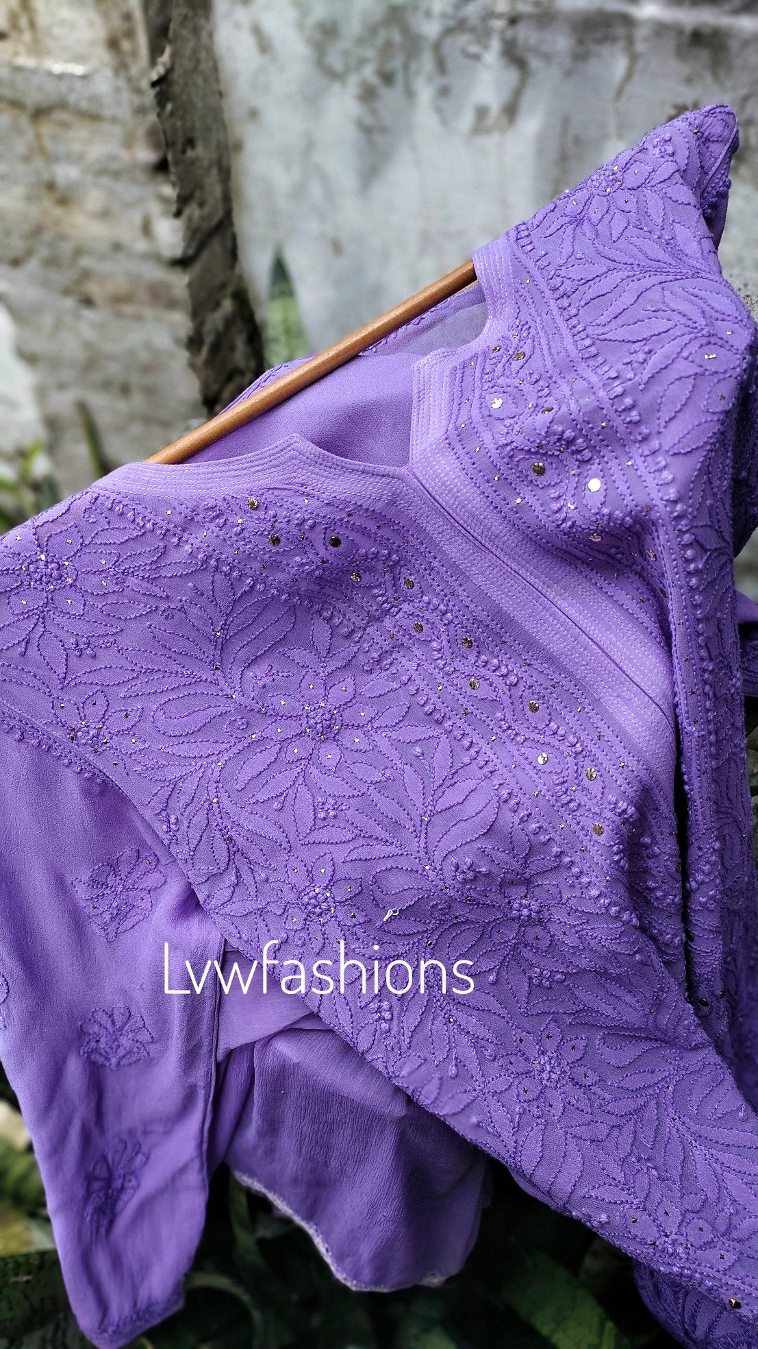 Lavender floral Georgette Sharara set by LVW Fashion Luxurious Chikankari, featuring intricate embroidery and a luxurious look.