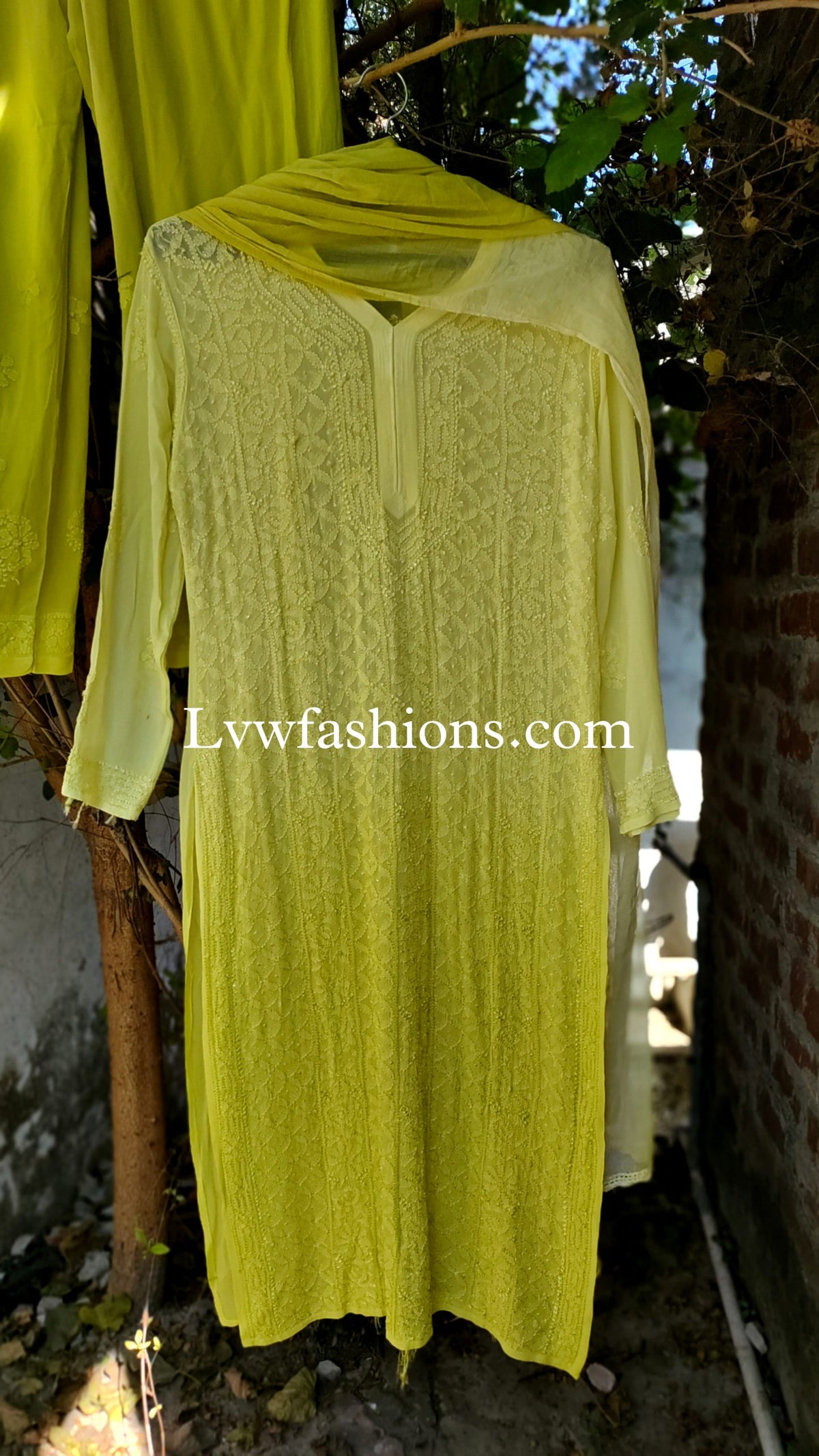 LVW Fashion luxurious Chikankari 3-piece set with beautiful premium georgette fabric and silk long slip inner for elegant wear.