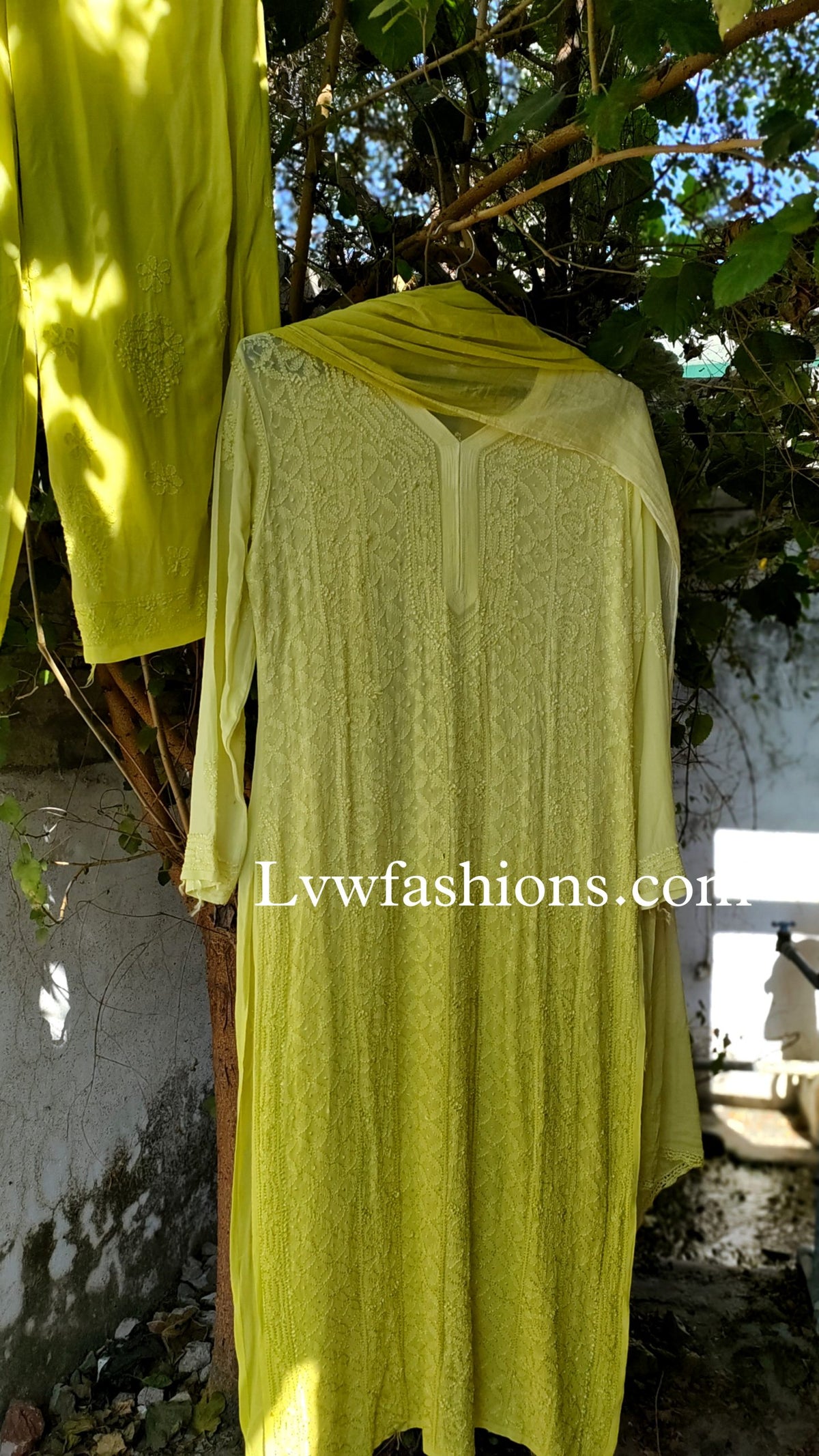 LVW Fashion luxurious chikankari 3-piece set with beautiful georgette fabric and silk long slip inner, elegant traditional attire.