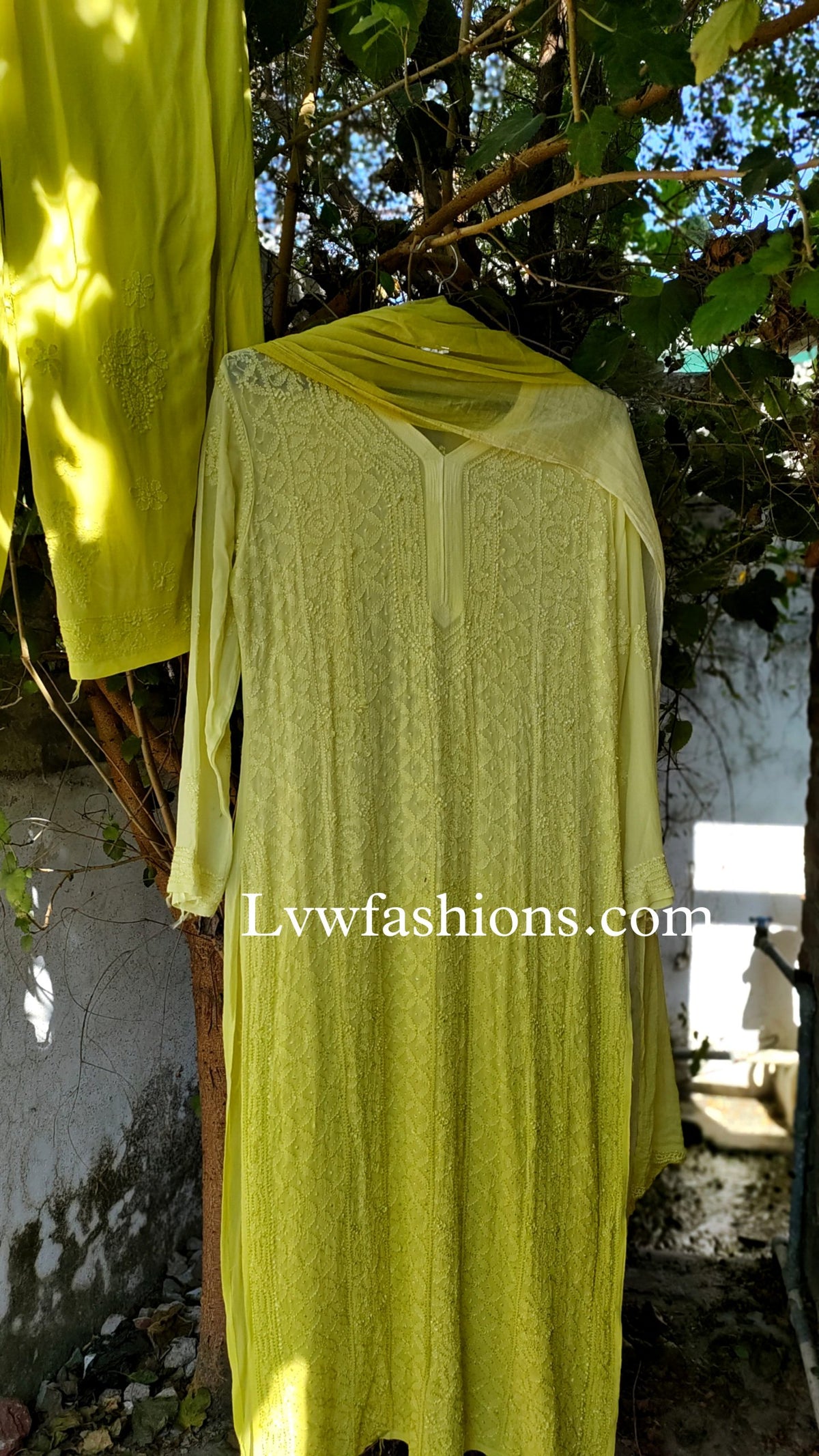Elegant LVW Fashion luxurious Chikankari 3-piece set in premium georgette with silk long slip inner, showcasing intricate embroidery.