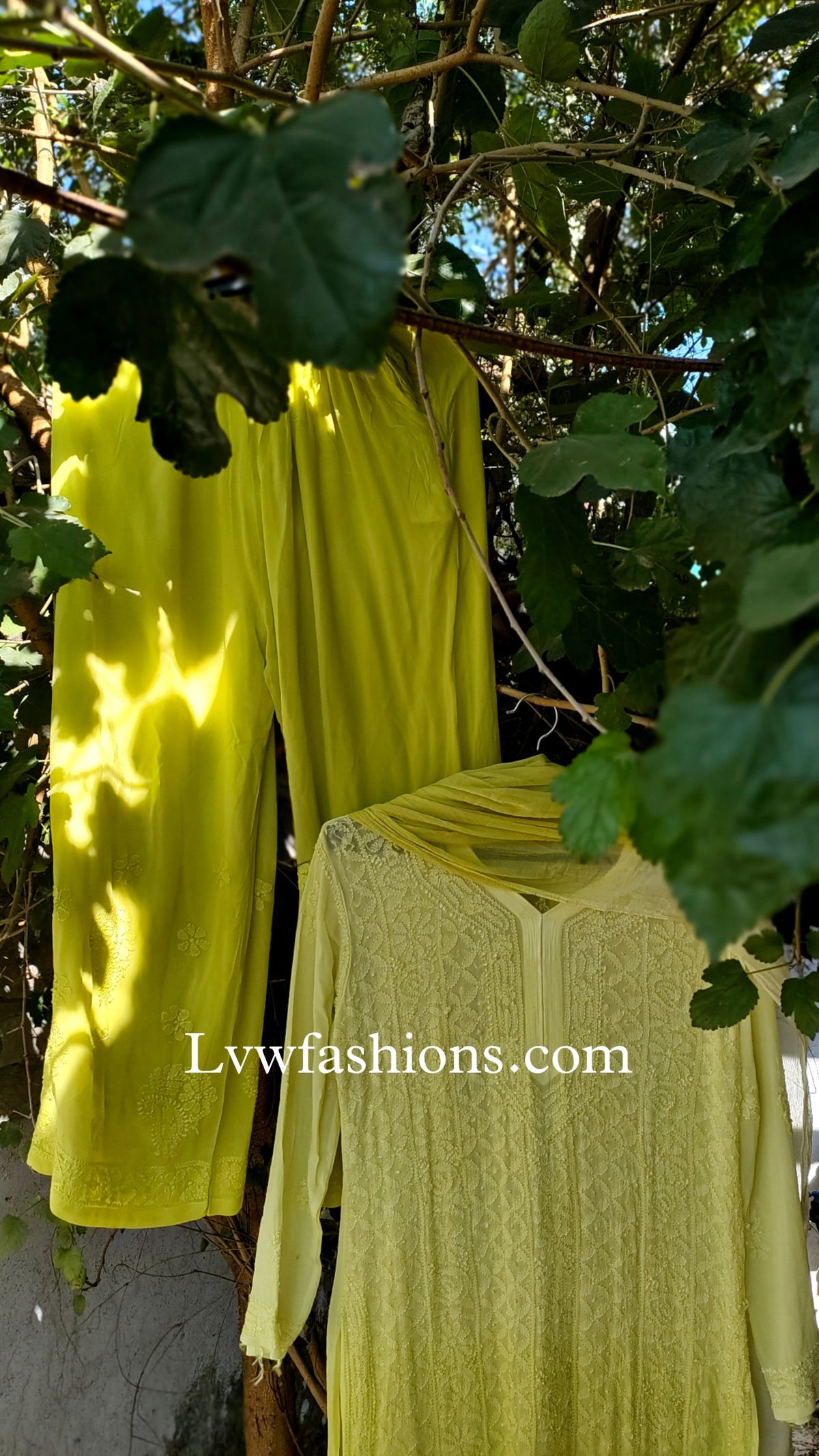 LVW Fashion luxurious Chikankari 3-piece georgette set with silk long slip, featuring intricate embroidery and elegant design.