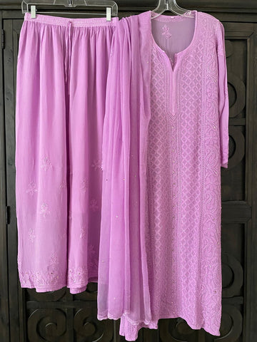 Inaayat Powder Lilac premium georgette Chikankari sharara plazzos set by LVW Fashion showing intricate embroidery and flowing fabric.