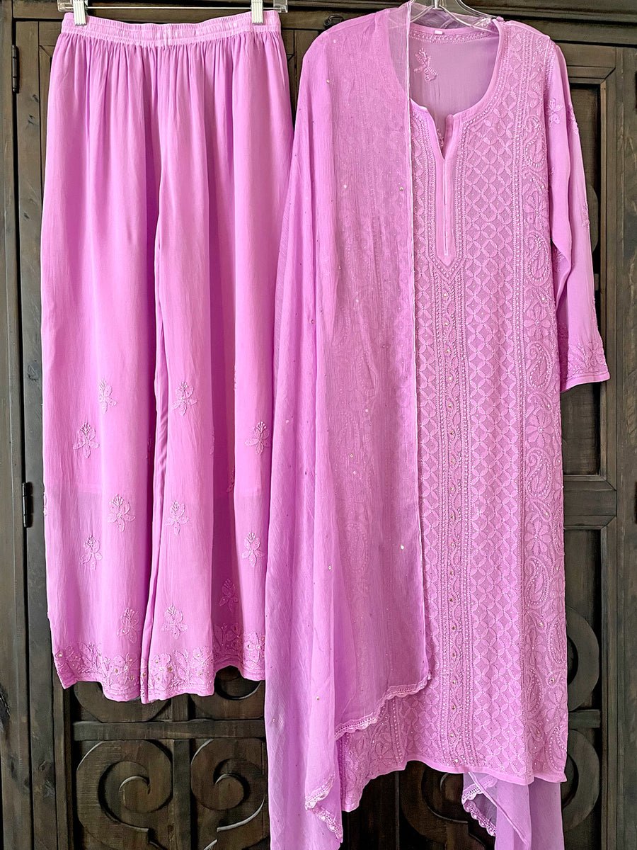 Inaayat Powder Lilac Georgette Chikankari Sharara Plazzos Set by LVW Fashion, featuring intricate embroidery and elegant traditional design.