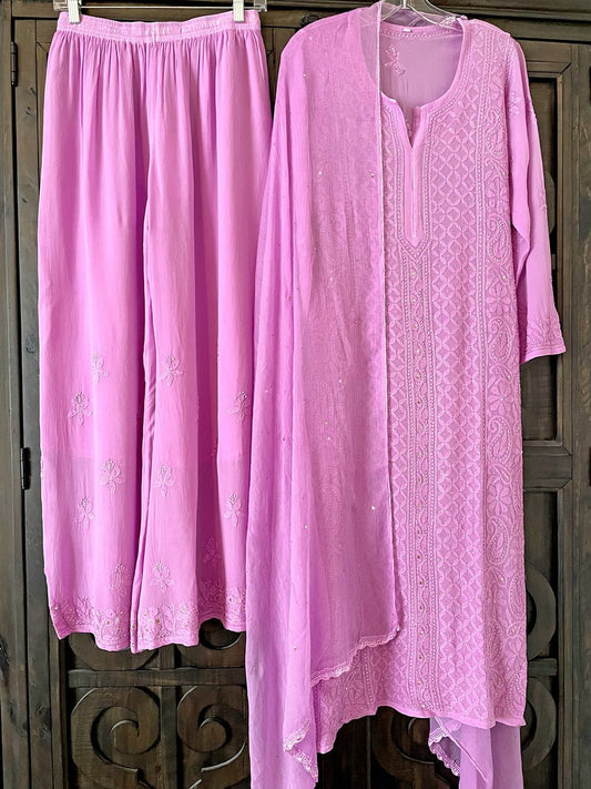 Inaayat Powder Lilac Georgette Chikankari Sharara Plazzos Set by LVW Fashion, featuring intricate embroidery and elegant traditional design.