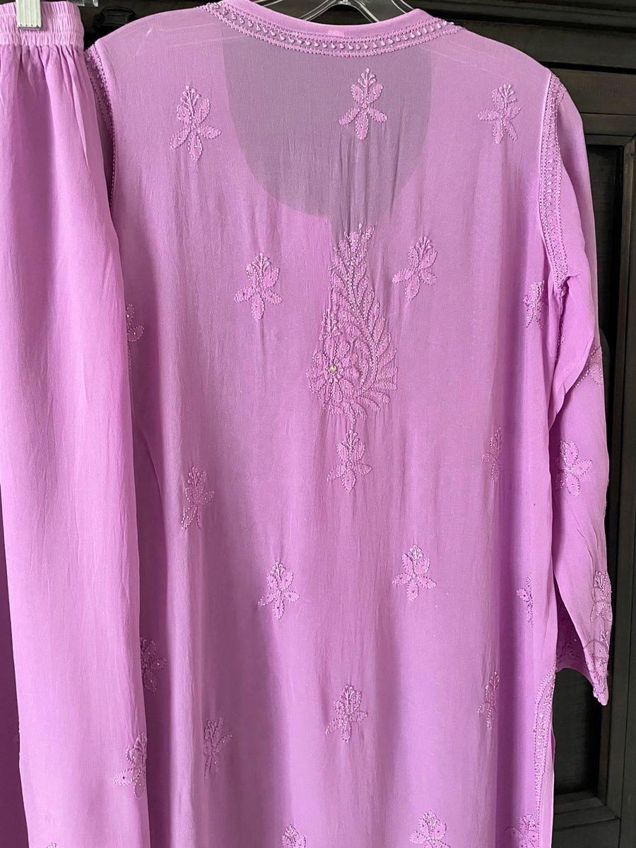 Inaayat Powder Lilac premium georgette Chikankari sharara plazzo set by LVW Fashion, featuring intricate embroidery and elegant styling.