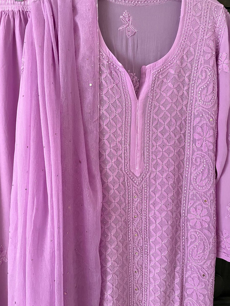 Inaayat Powder Lilac Georgette Chikankari Sharara Plazzos Set by LVW Fashion, featuring intricate embroidery and elegant design.