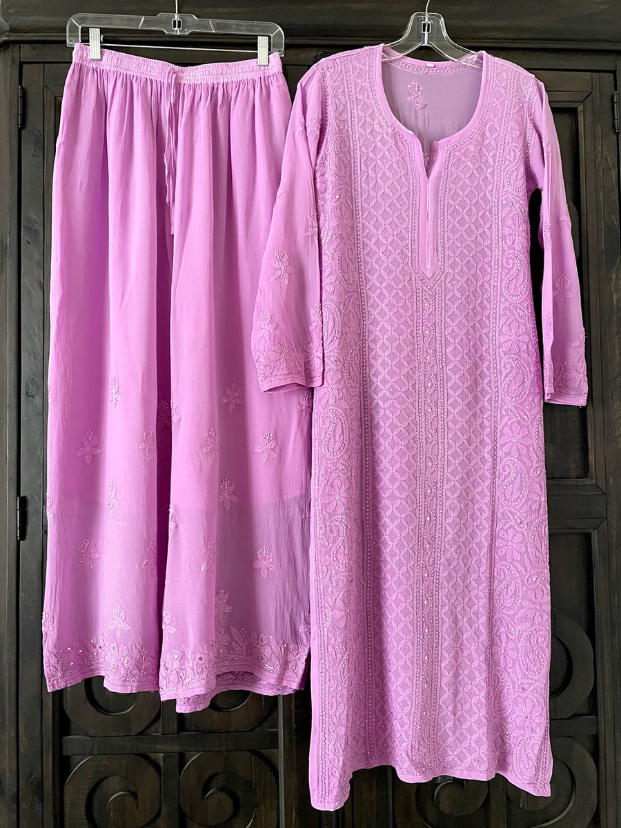 Inaayat Powder Lilac Georgette Chikankari Sharara Plazzos Set by LVW Fashion, featuring intricate embroidery and elegant design.