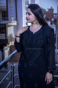 Black georgette KAJAL kurta with intricate white chikankari embroidery, luxurious and stylish from LVW Fashion Luxurious Chikankari.
