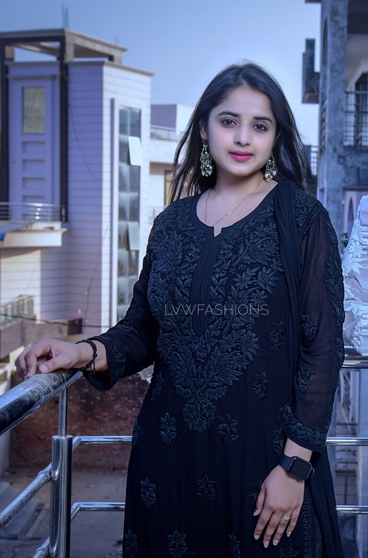 Black Georgette Chikankari Kurta from LVW Fashion KAJAL Premium collection, featuring intricate embroidery and elegant design.