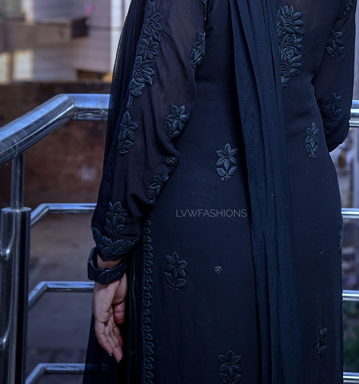 Black Georgette KAJAL Chikankari Kurta by LVW Fashion, featuring intricate white embroidery and a traditional Indian design.