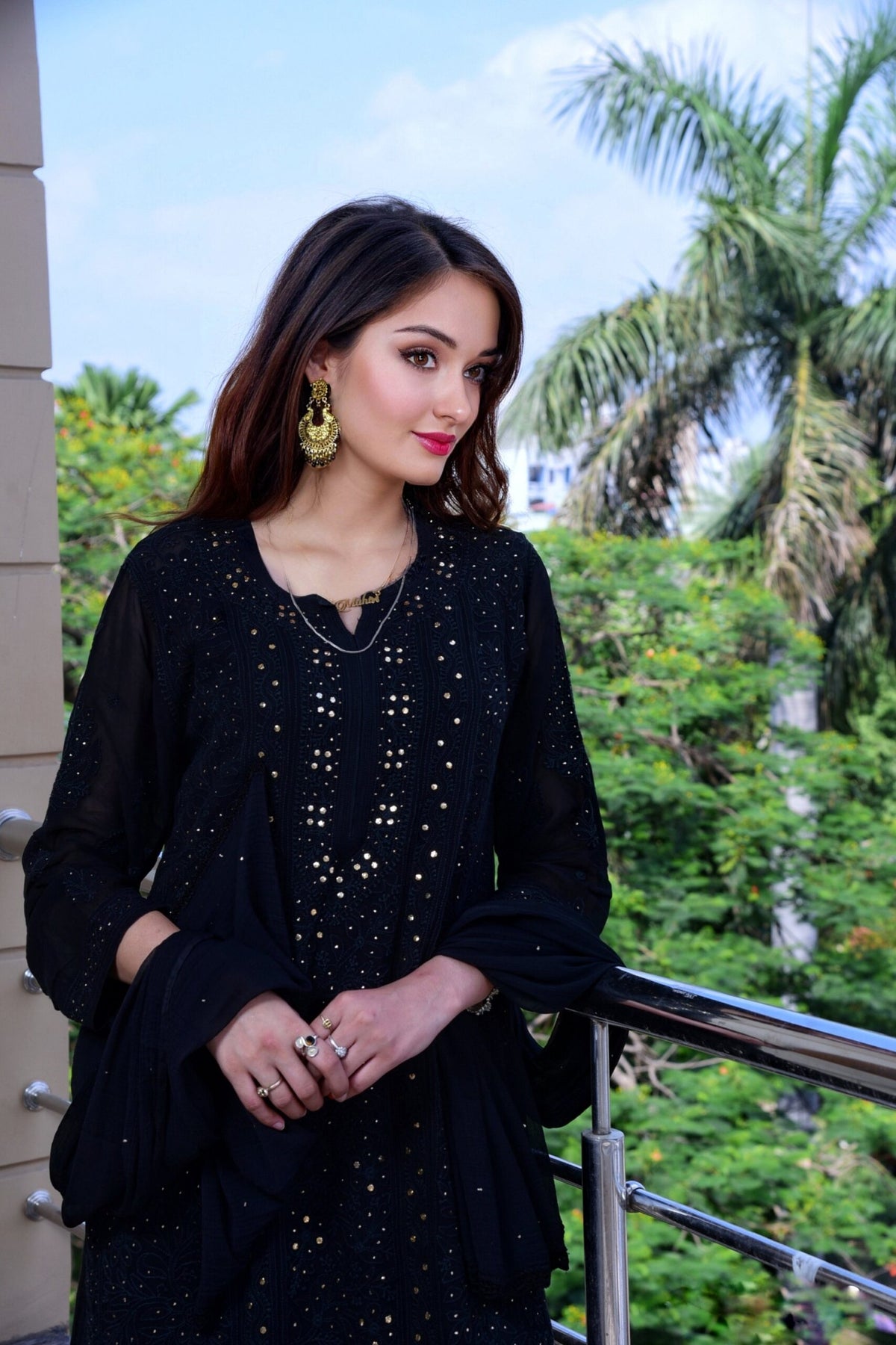 Black georgette KAJAL kurta set with intricate Kamdani embroidery and Chikankari from LVW Fashion, featuring traditional craftsmanship.