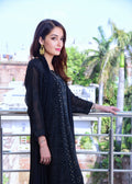 Black georgette KAJAL Kurta set with intricate Kamdani embroidery and Chikankari by LVW Fashion, featuring elegant craftsmanship.