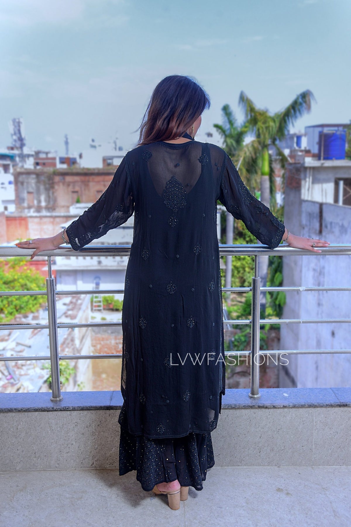 Black Georgette Chikankari Kurta Set with Kamdani embroidery by LVW Fashion, featuring intricate hand-stitched embroidery.