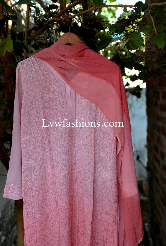 Beautiful LVW Fashion Khirat Georgette Kurta Duptaa Set with intricate Resham embroidery, showcasing luxurious Chikankari details.