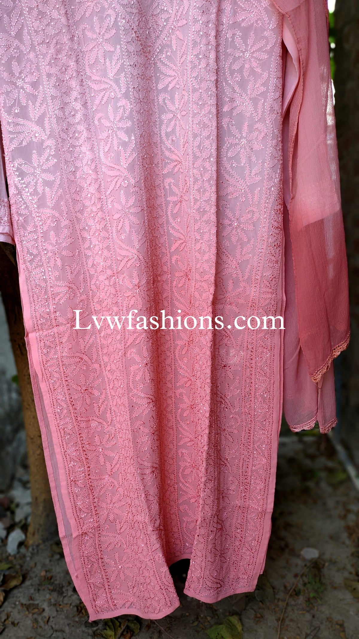 Beautiful LVW Fashion Luxurious Chikankari Khirat Kurta Duptaa Set in premium georgette with intricate Resham embroidery.