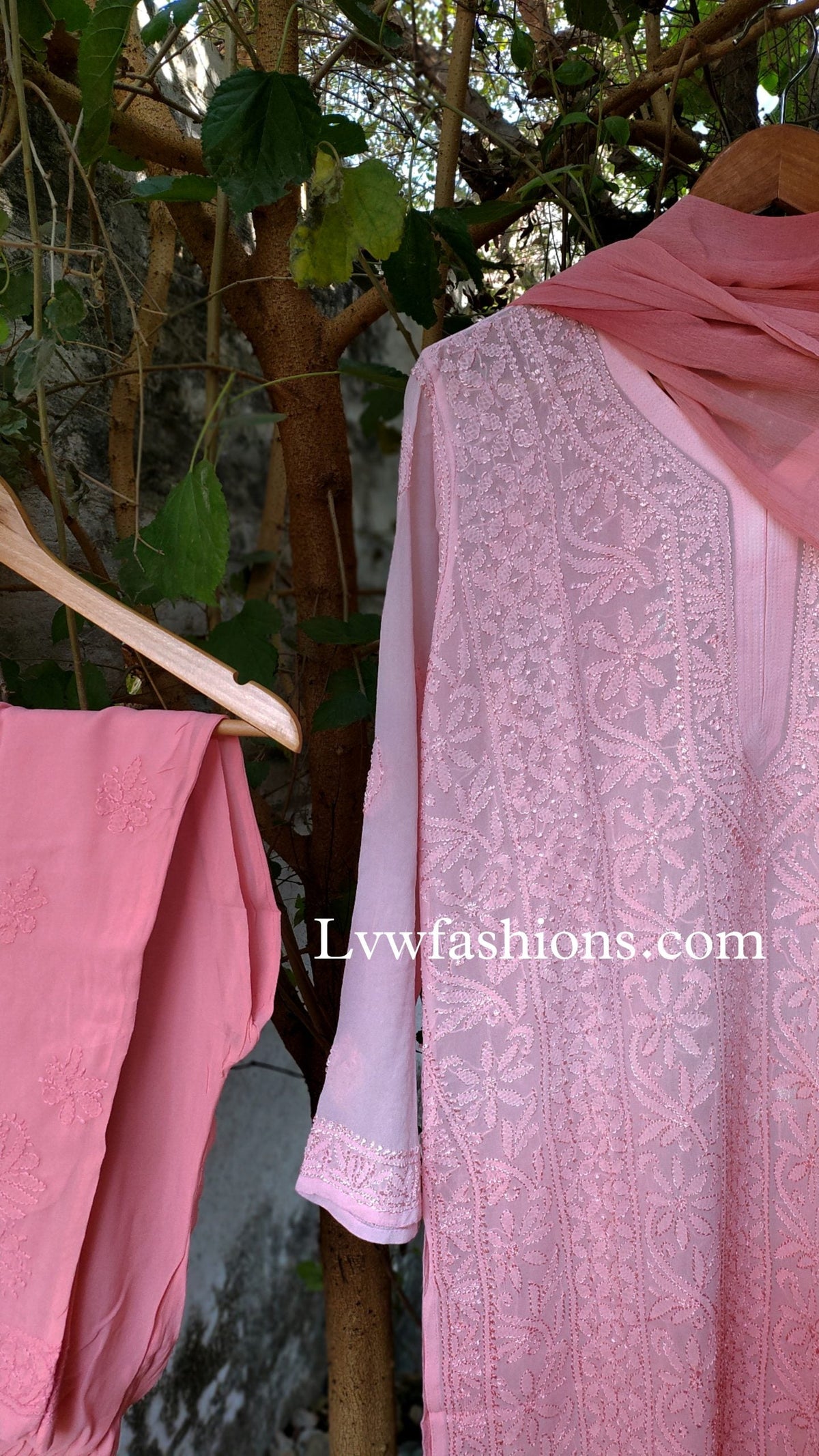 Beautiful LVW Fashion Khirat premium georgette kurta duppata set with Resham embroidery, showcasing intricate Chikankari craftsmanship.