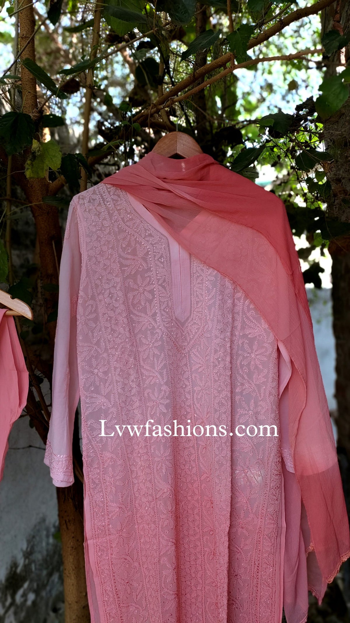 Beautiful LVW Fashion Khirat Georgette Kurta Duptaa Set with Resham embroidery, featuring elegant chikankari details and luxurious design.
