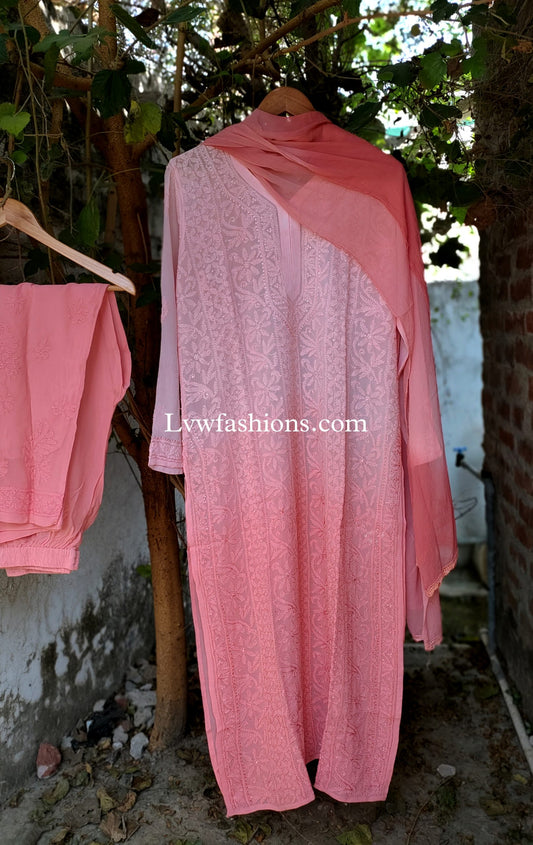 Luxurious LVW Fashion Khirat Resham Embroidery Georgette 3-piece set featuring intricate chikankari embroidery and premium fabric.