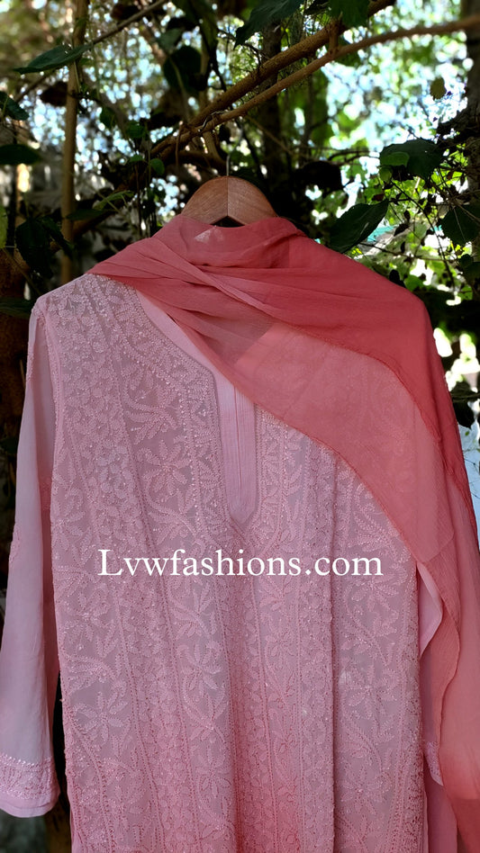 Khirat Resham embroidery premium georgette 3-piece set by LVW Fashion, showcasing intricate Chikankari embroidery in soft fabric.