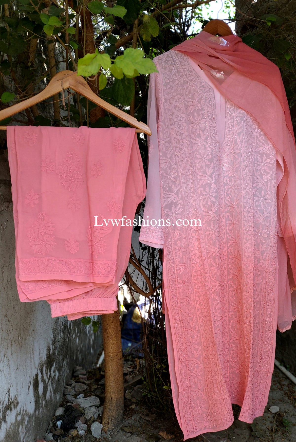 Luxurious LVW Fashion Khirat Resham Embroidery 3-piece set in premium georgette with intricate Chikankari detailing.