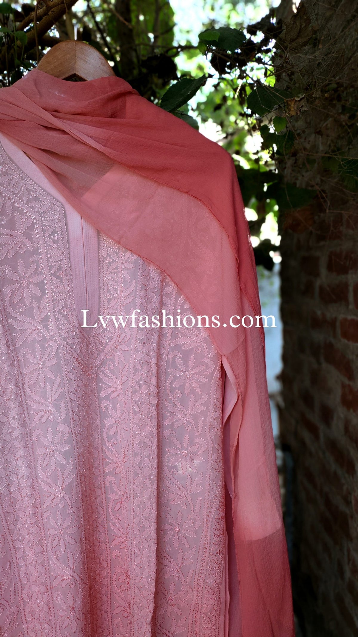 Khirat Resham embroidery premium georgette 3-piece set by LVW Fashion, showcasing intricate chikankari embroidery and elegant fabric details.