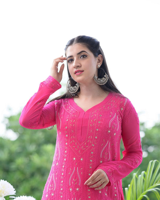 Luxurious Rubab premium Georgette kurta set with pearl mirror Chikankari embroidery by LVW Fashion Luxurious Chikankari.