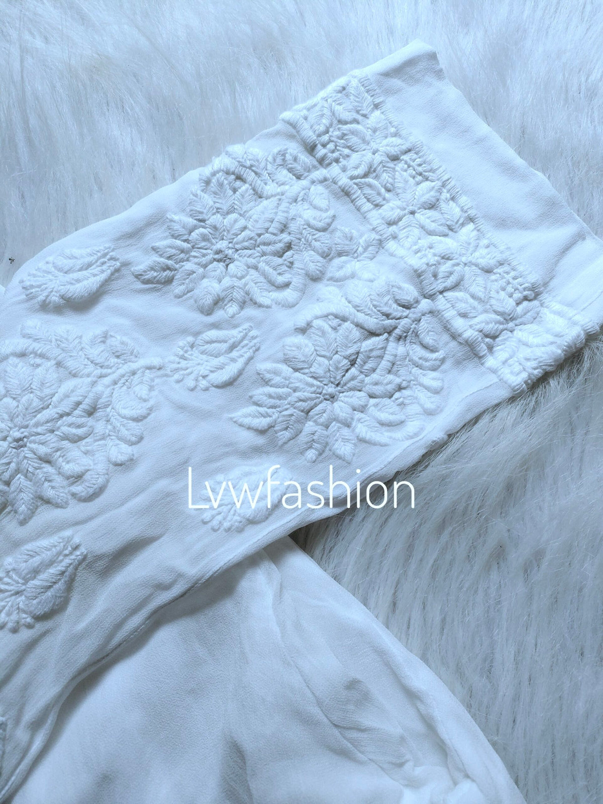 Luxurious pearl mirror Chikankari kurta set by LVW Fashion Luxurious, featuring premium georgette fabric and intricate embroidery details.