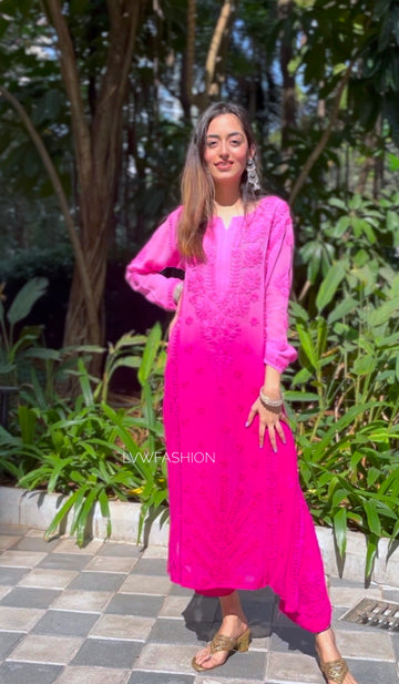 Beauty pink premium georgette churidar set with intricate chikankari embroidery, featuring a kurta and matching dupatta.