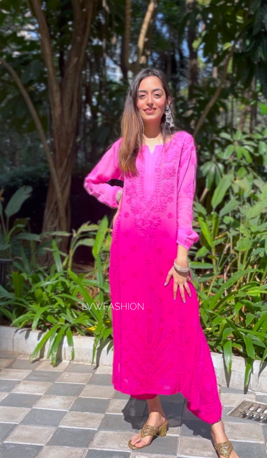 Beauty pink premium georgette churidar set with intricate chikankari embroidery, featuring a kurta and matching dupatta.