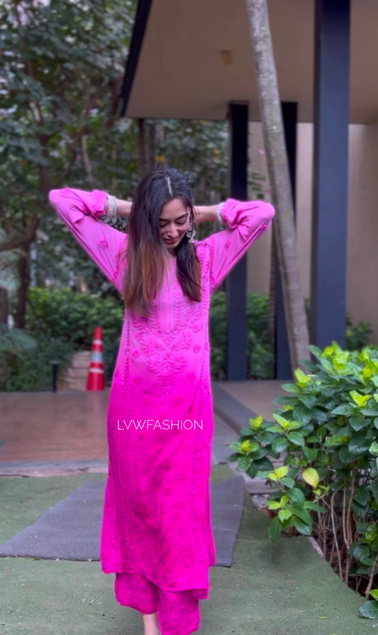 Beauty pink premium georgette Chikankari look set with kurta and dupatta by LVW Fashion Luxurious Chikankari.